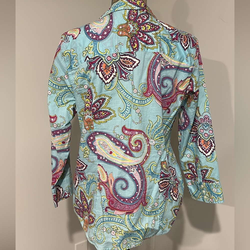 Izod blue paisley 3/4 sleeve button down cotton top size large - Picture 3 of 6